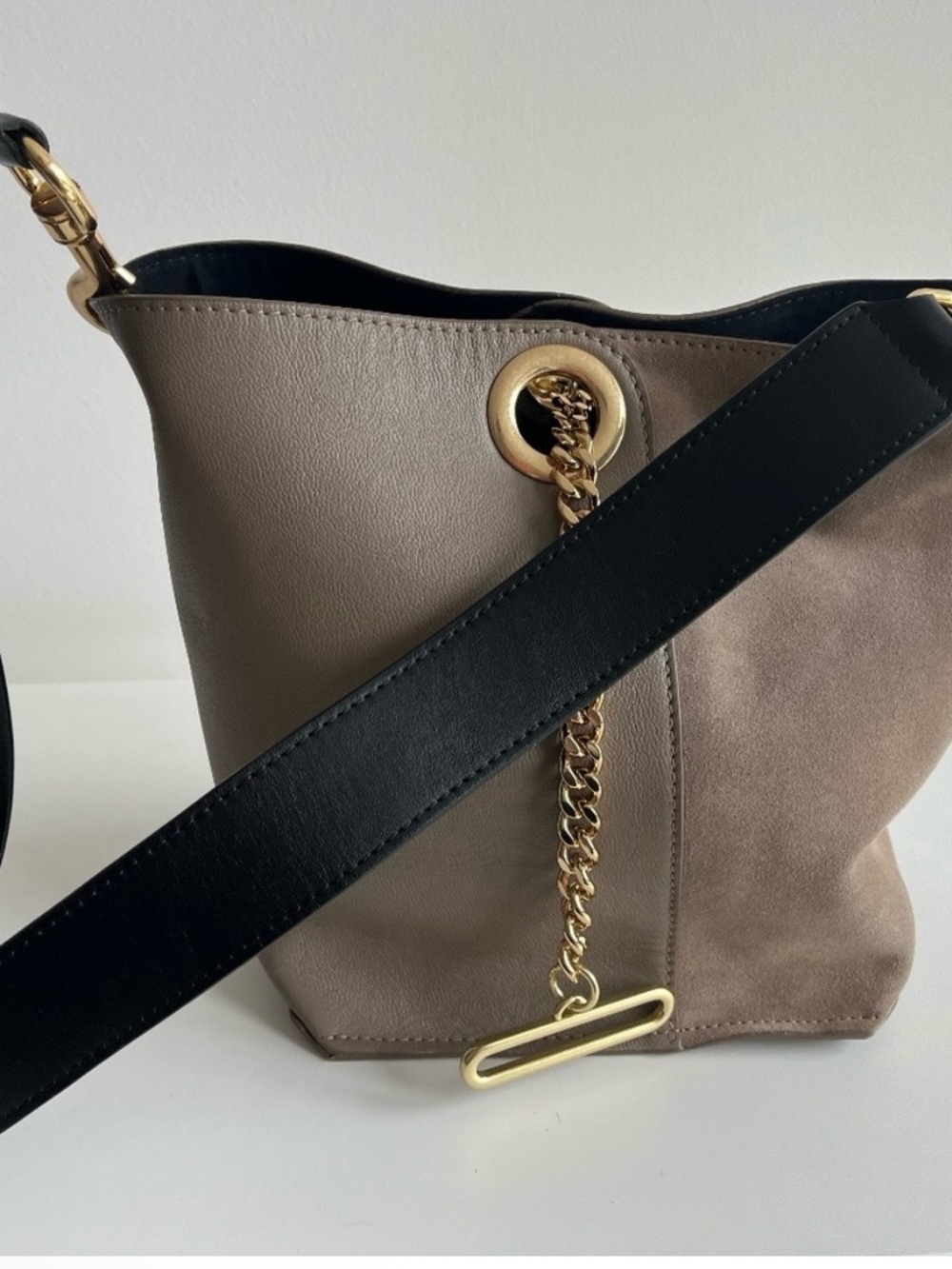 See By Chloé Taupe and Black Suede-Leather Bucket Bag with Gold Hardware